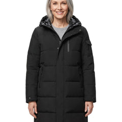 Magda Women's Hooded Longline Puffer Coat in Black worn by a model