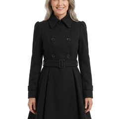 Mercedes Women's Double-Breasted Flared-Skirt Coat in black worn by a model