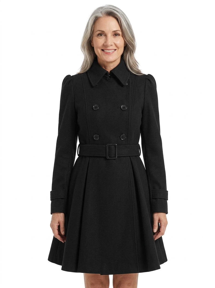 Mercedes Women's Double-Breasted Flared-Skirt Coat in black worn by a model