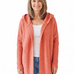 Isabelle Women's Oversized Open-Front Cardigan in coral orange worn by a model