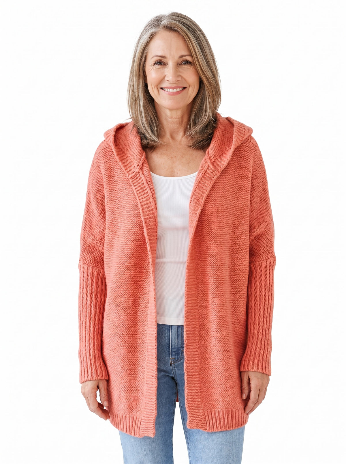 Isabelle Women's Oversized Open-Front Cardigan in coral orange worn by a model