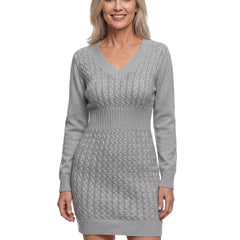 Penelope Women's Cable Knit V-Neck Sweater Dress in Grey