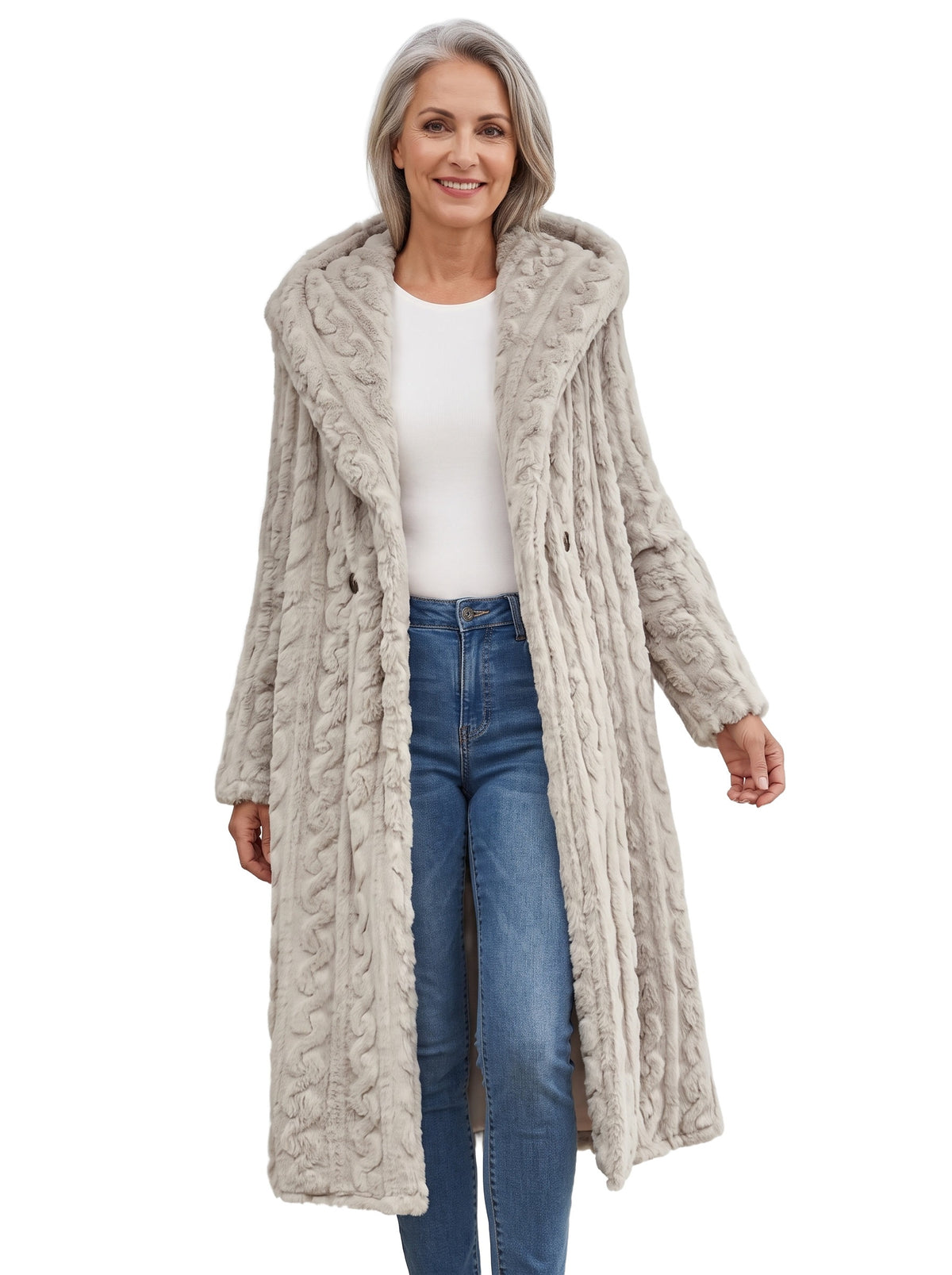 Petra Women's Longline Hooded Puffer Coat worn open over a white top and jeans