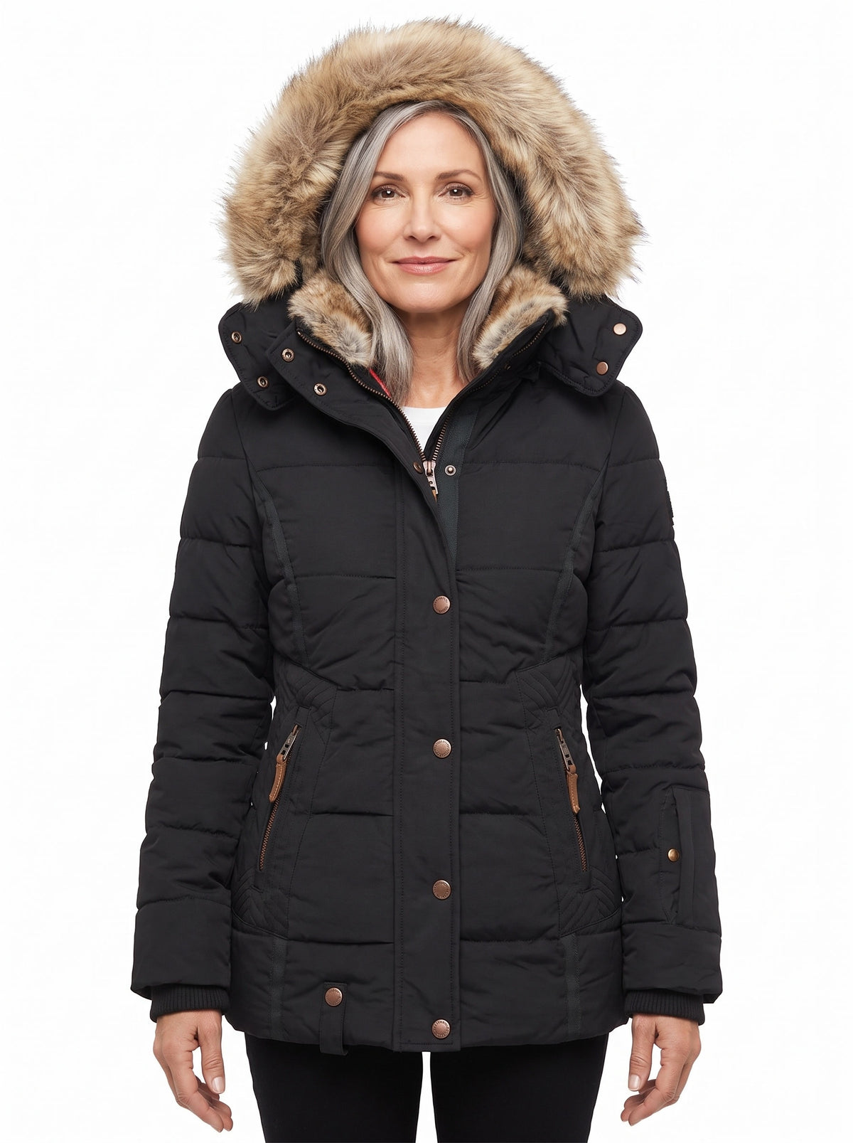 Minerva Women's Cosy Hooded Puffer Jacket in Black worn by a model, faux fur lined hood