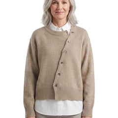 Erna Women's Wrap Cardigan with Asymmetric Button Detail in Khaki worn by a model