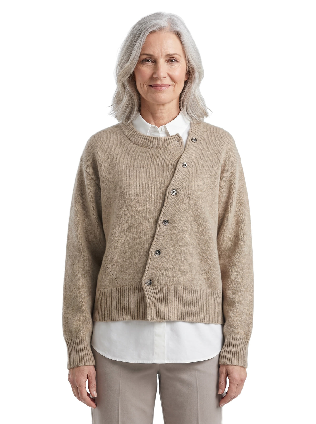 Erna Women's Wrap Cardigan with Asymmetric Button Detail in Khaki worn by a model