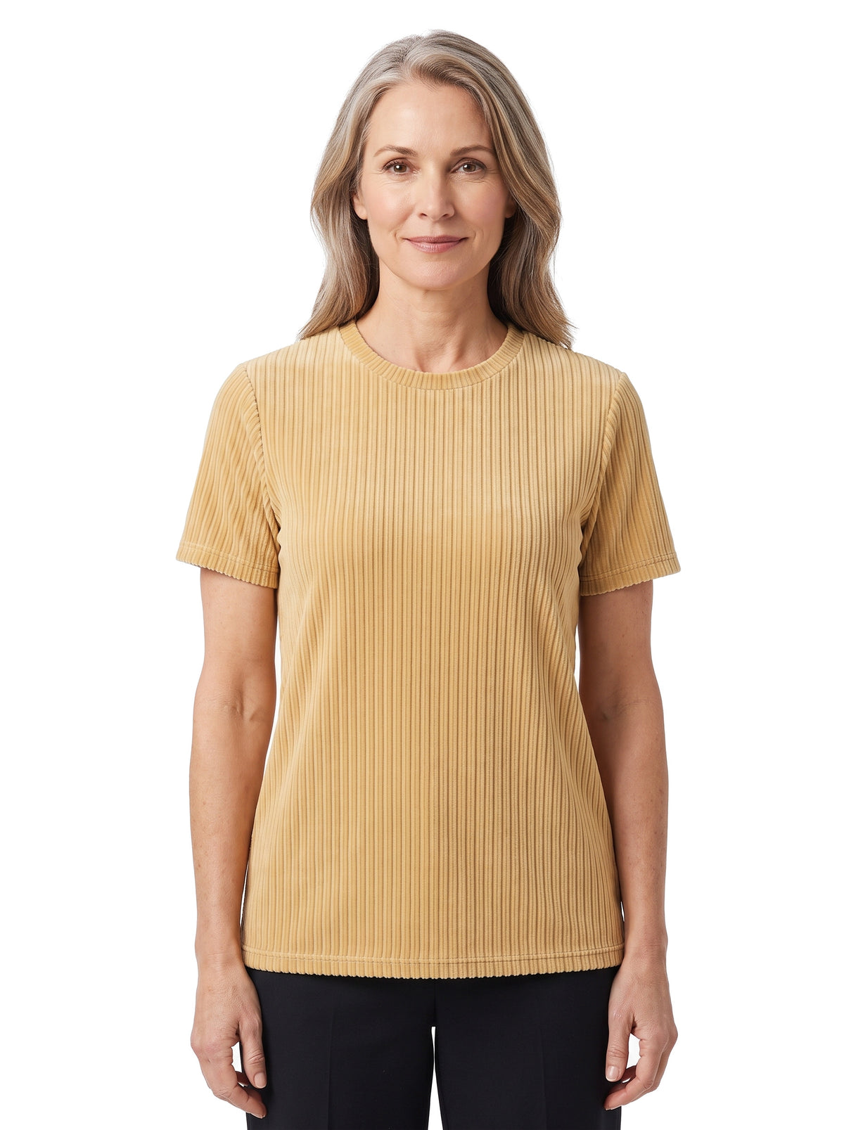 Miriam Women's Textured Corduroy Short-Sleeve Top in yellow worn by a model