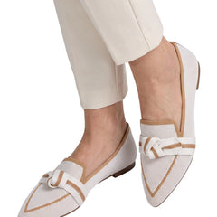 Sabine Women's Knit Pointed-Toe Loafers in White worn by a model, close-up on white background