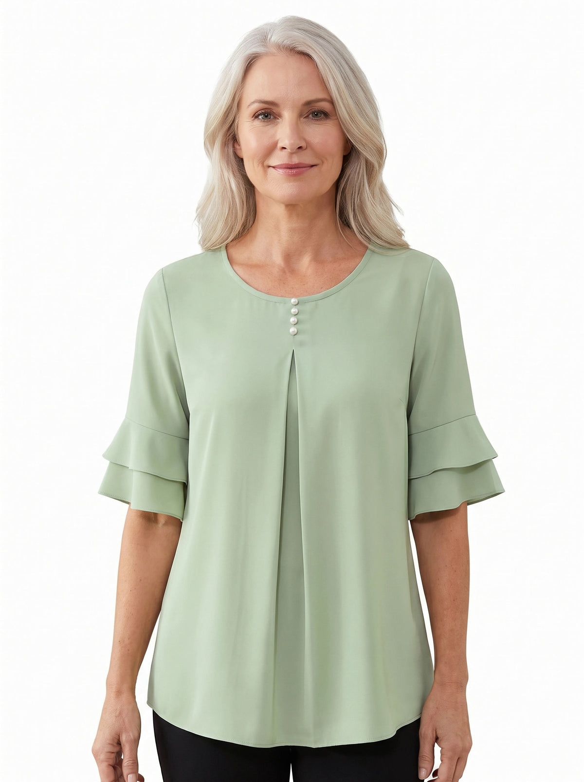 Olive Women's Pleated Chiffon Tunic Blouse in light green worn by a model, front view