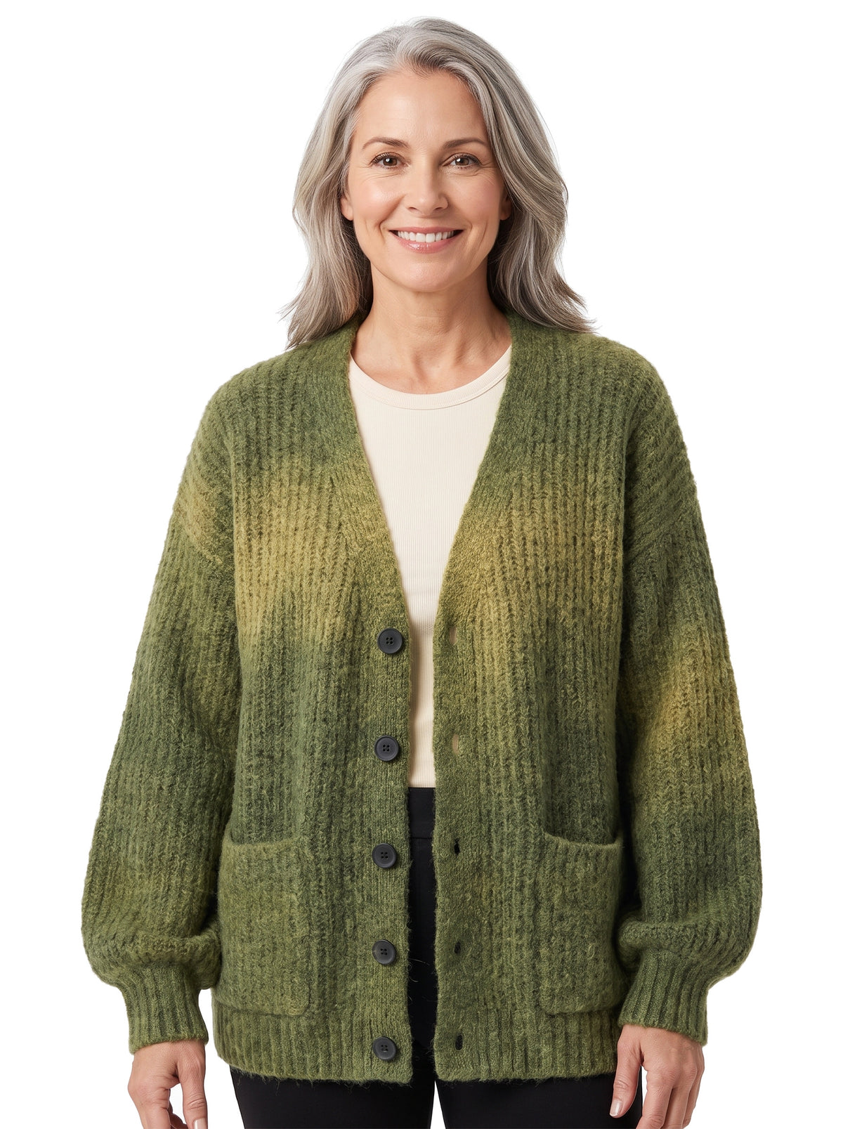 Phyllis Women's Relaxed V-Neck Cardigan in Green worn by a model