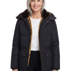 Astrid Women's Hooded Long Puffer Coat in Black worn by a model, front view
