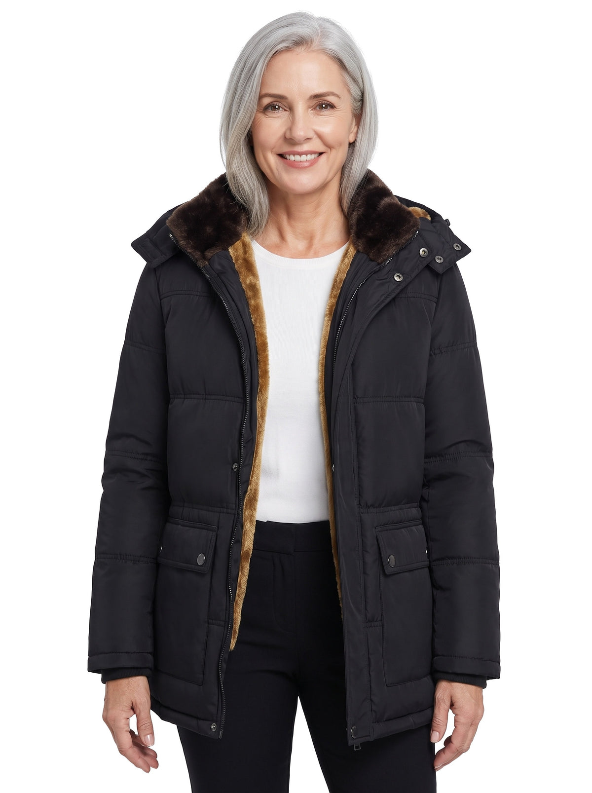 Astrid Women's Hooded Long Puffer Coat in Black worn by a model, front view