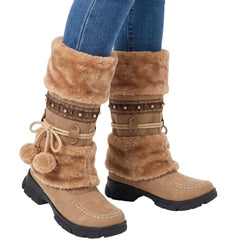 Alba Women's Braided-Trim Mid-Calf Winter Boots worn with jeans, camel faux fur cuff and pom-pom tassels