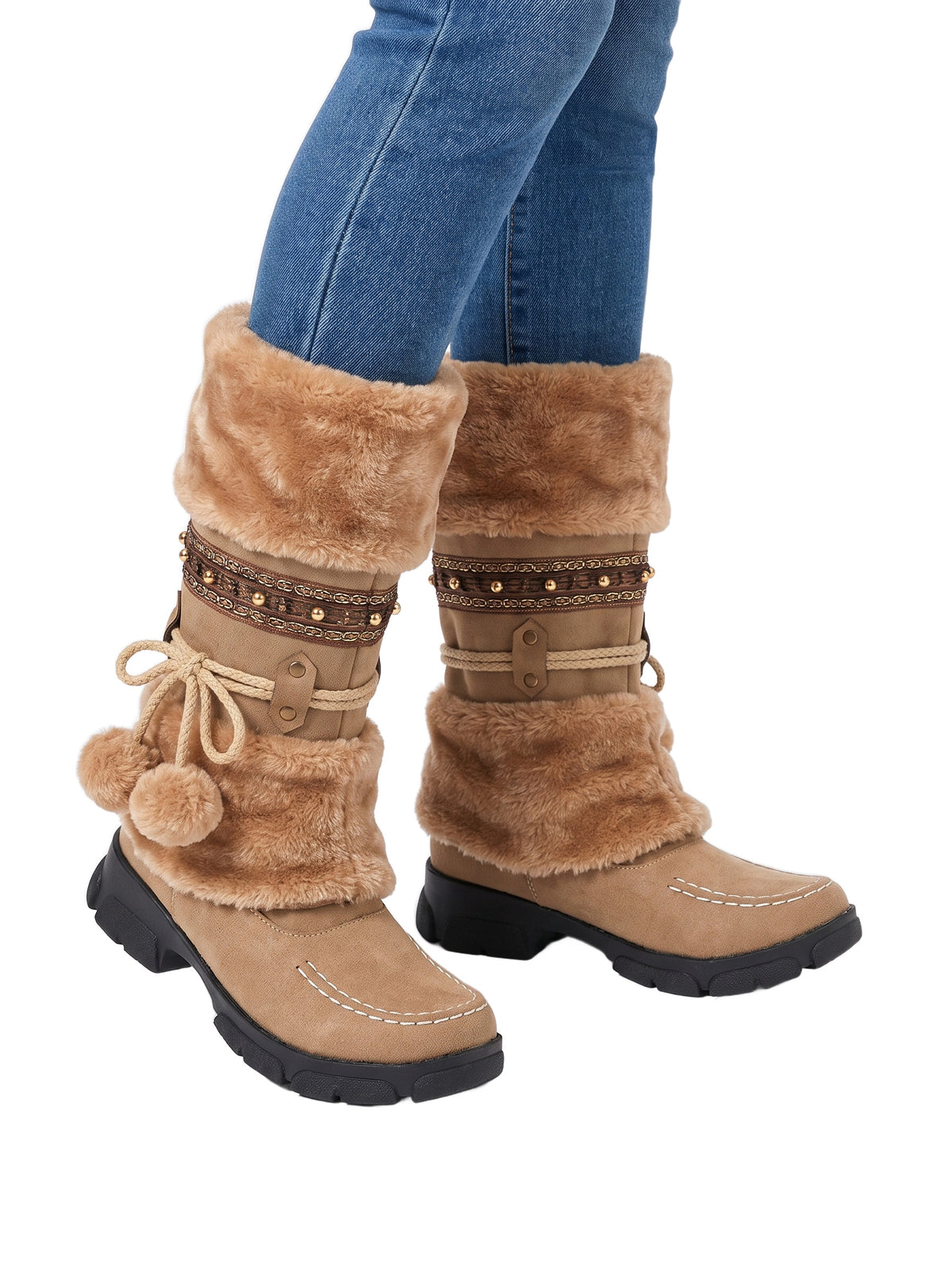 Alba Women's Braided-Trim Mid-Calf Winter Boots worn with jeans, camel faux fur cuff and pom-pom tassels
