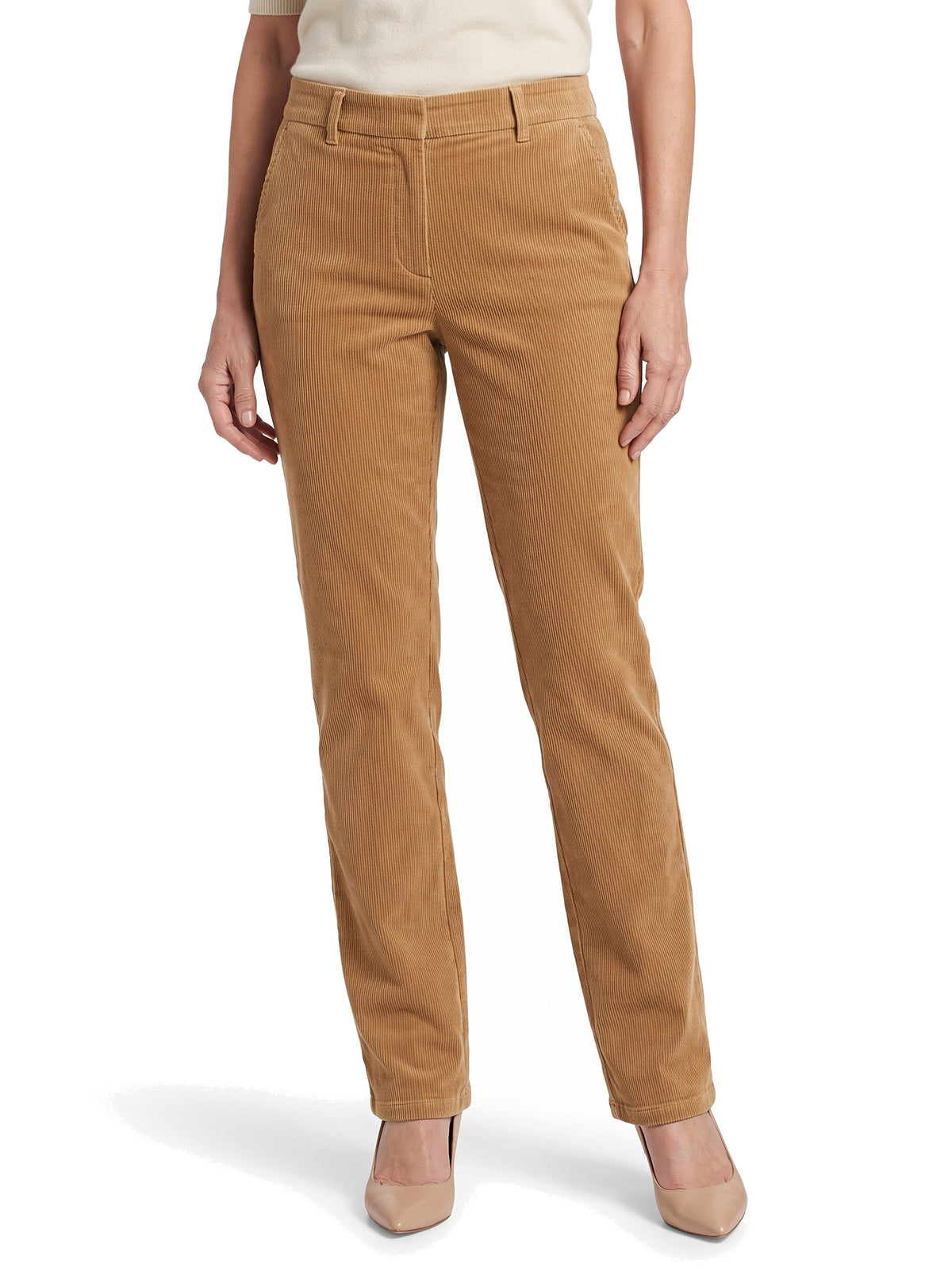 Iris Women's Straight Leg Corduroy Trousers in Light Brown worn by a model, front view