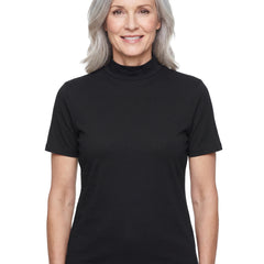 Louisa Women's Folded-Collar Turtleneck Top in Black worn by a model