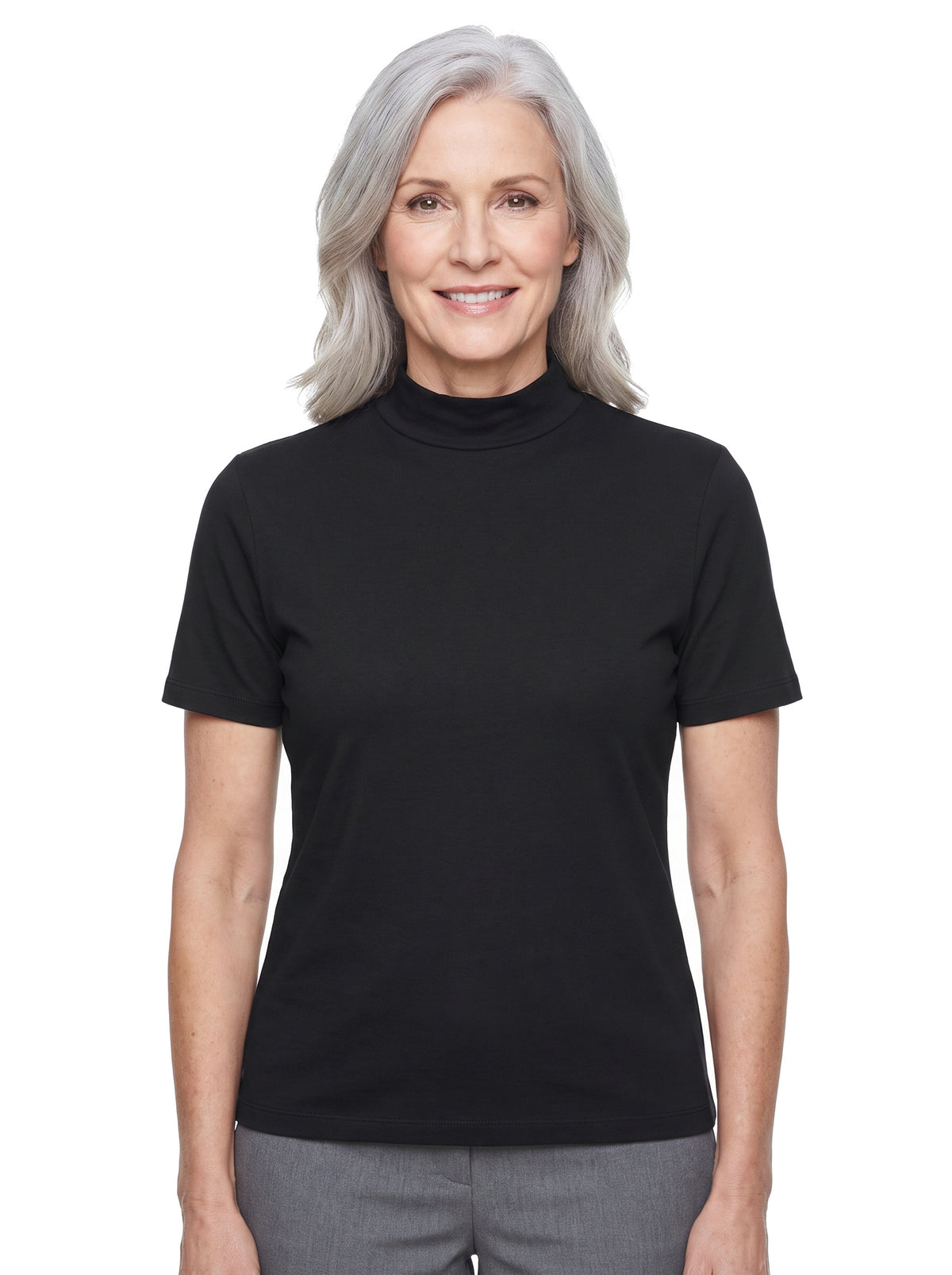 Louisa Women's Folded-Collar Turtleneck Top in Black worn by a model