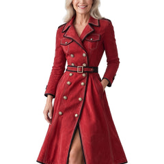 Cordelia Women's Double-Breasted Belted Trench Dress in red, worn by a model, front view