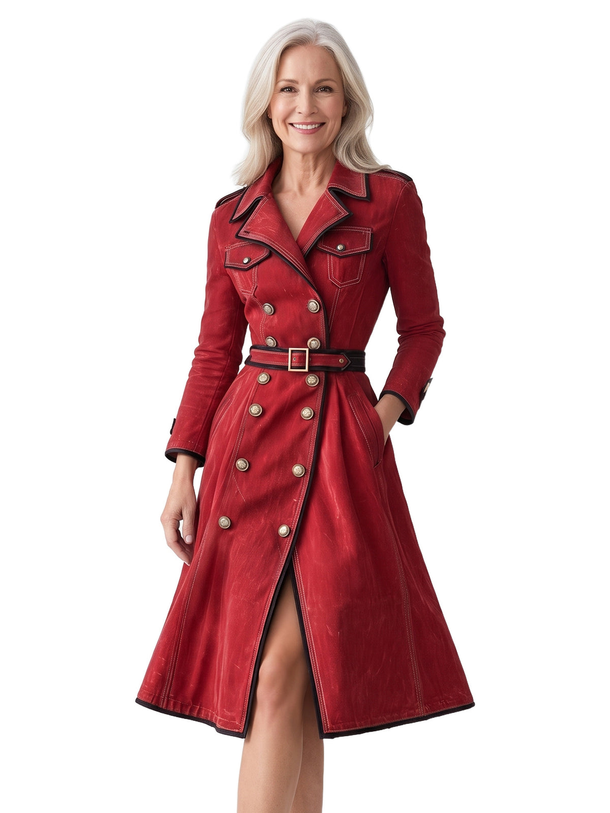 Cordelia Women's Double-Breasted Belted Trench Dress in red, worn by a model, front view