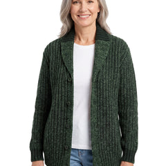 Beatrix Women's Shawl Collar Knit Cardigan in Green worn open over a white tee