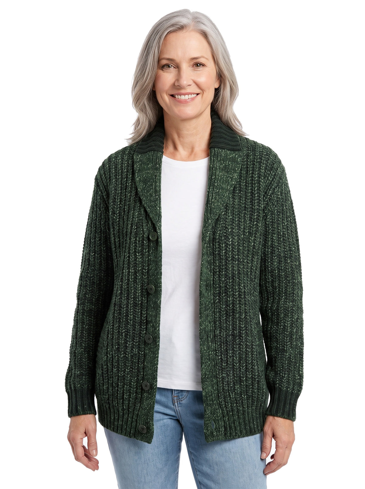 Beatrix Women's Shawl Collar Knit Cardigan in Green worn open over a white tee