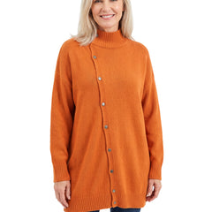 Adele Women's Longline Button Turtleneck Sweater in Orange worn by a model