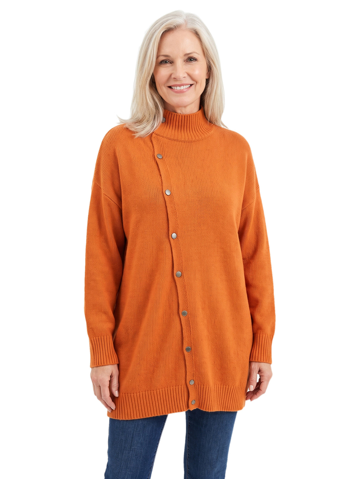 Adele Women's Longline Button Turtleneck Sweater in Orange worn by a model