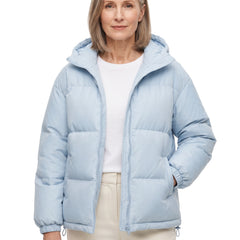 Aurelia Women's Hooded Puffer Jacket in pale blue, worn open over a white tee