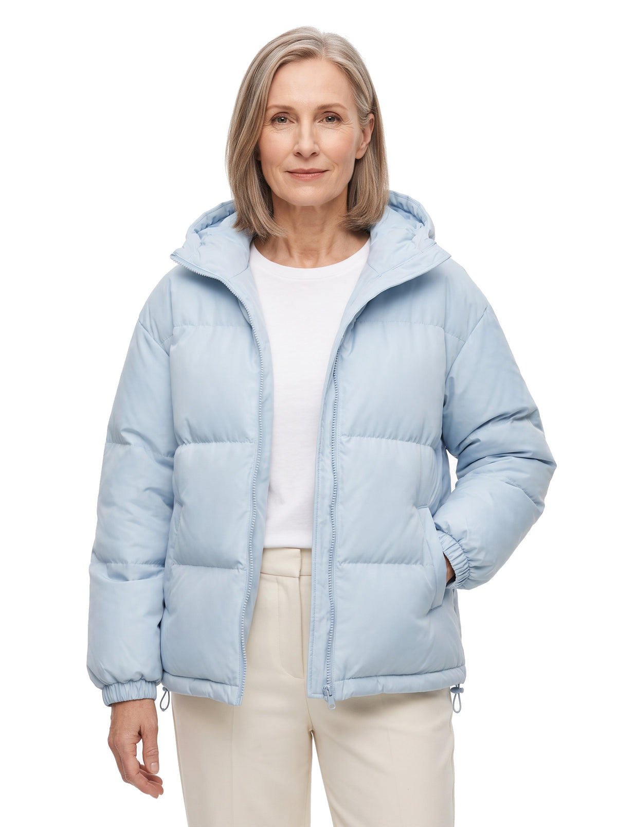 Aurelia Women's Hooded Puffer Jacket in pale blue, worn open over a white tee