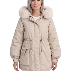 Lavinia Women's Faux Fur Hood Drawstring Parka in cream worn by a model