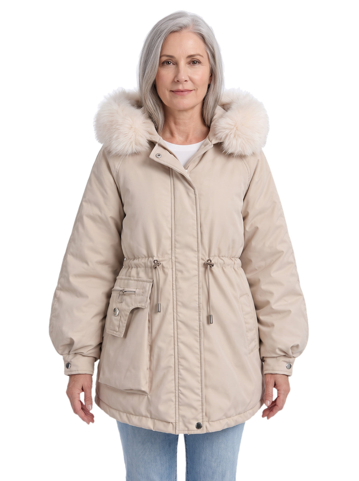Lavinia Women's Faux Fur Hood Drawstring Parka in cream worn by a model