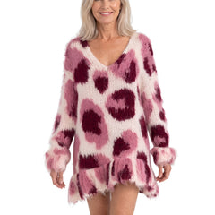 Bridget Women's Pink Leopard Fuzzy Knit Sweater Dress