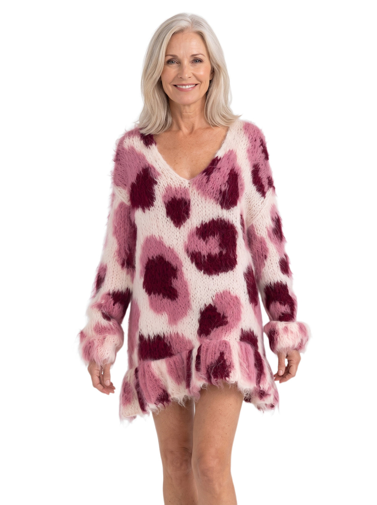 Bridget Women's Pink Leopard Fuzzy Knit Sweater Dress