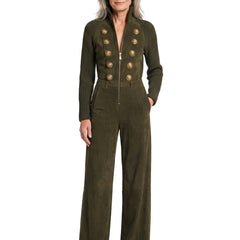 Ingrid Women's Faux-Suede Raglan-Sleeve Jumpsuit in olive green worn by a model