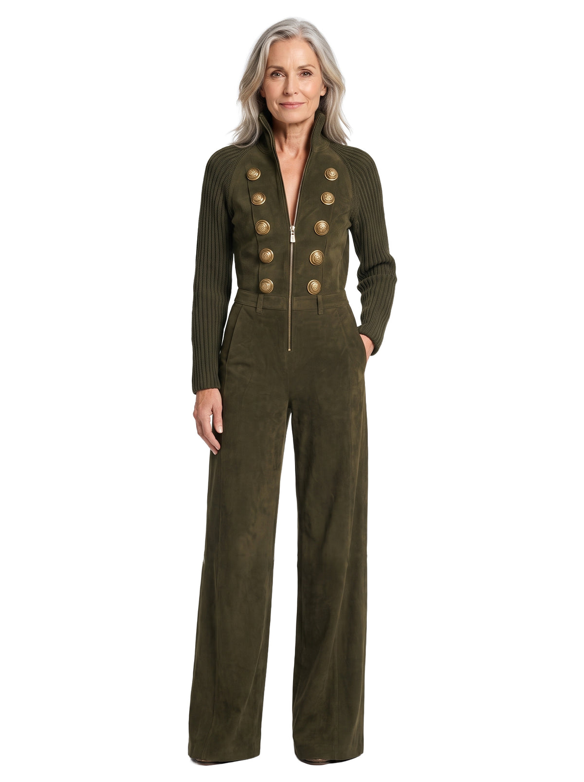 Ingrid Women's Faux-Suede Raglan-Sleeve Jumpsuit in olive green worn by a model