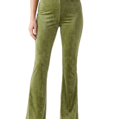 Celeste Women's Corduroy High-Waist Flare Pants in Light Green worn by a model, studio shot on white