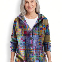 Clara Women's Button-Front Hooded Sweater in multicolour patchwork print, worn by a model