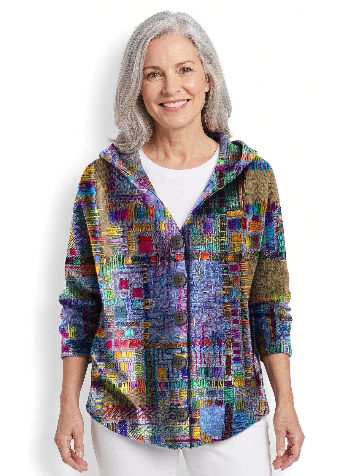Clara Women's Button-Front Hooded Sweater in multicolour patchwork print, worn by a model