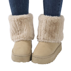 Women's cozy platform ankle boots in sand beige suede with cream faux fur cuff