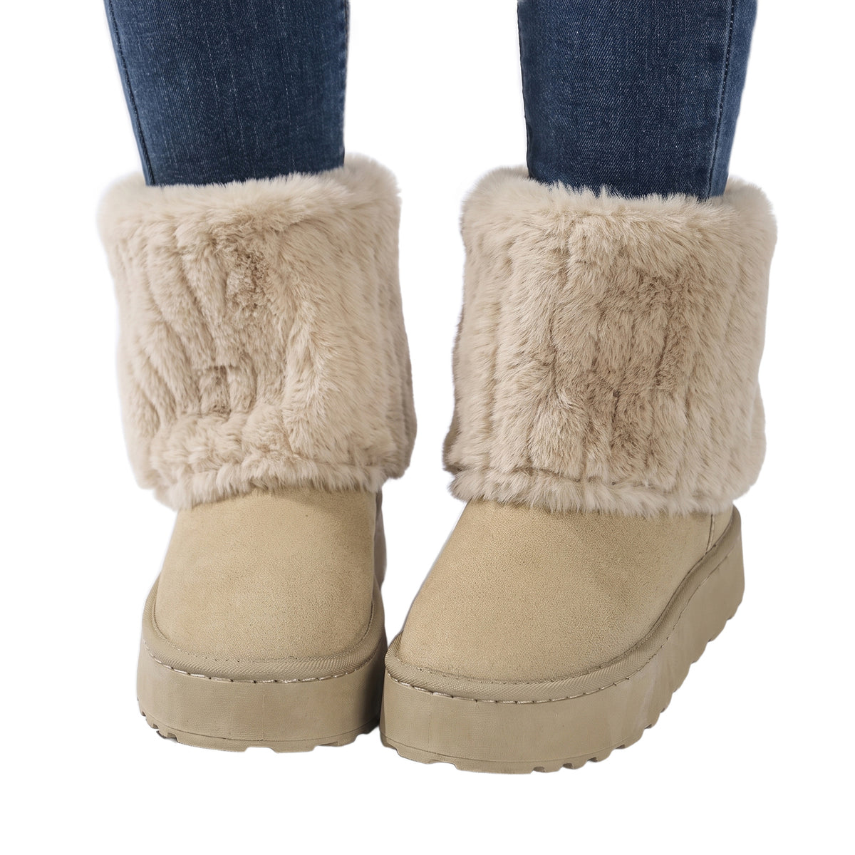 Women's cozy platform ankle boots in sand beige suede with cream faux fur cuff