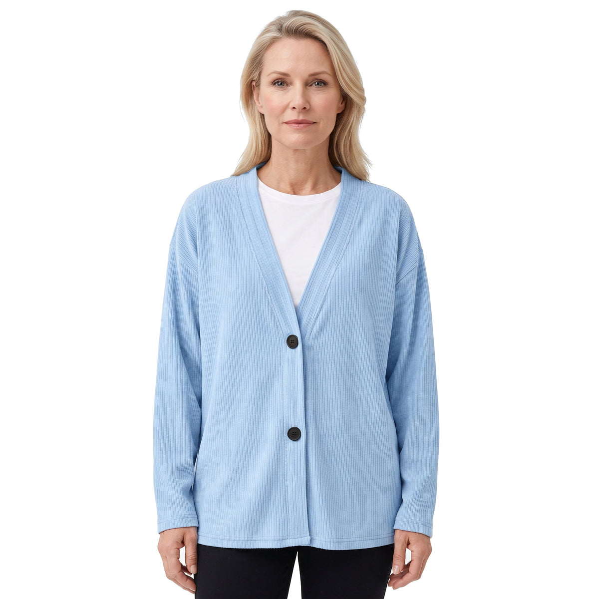 Woman wearing a sky blue chunky knit button-front V-neck cardigan