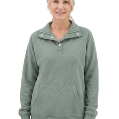 Women's oversized textured sage green sweatshirt with henley snap placket