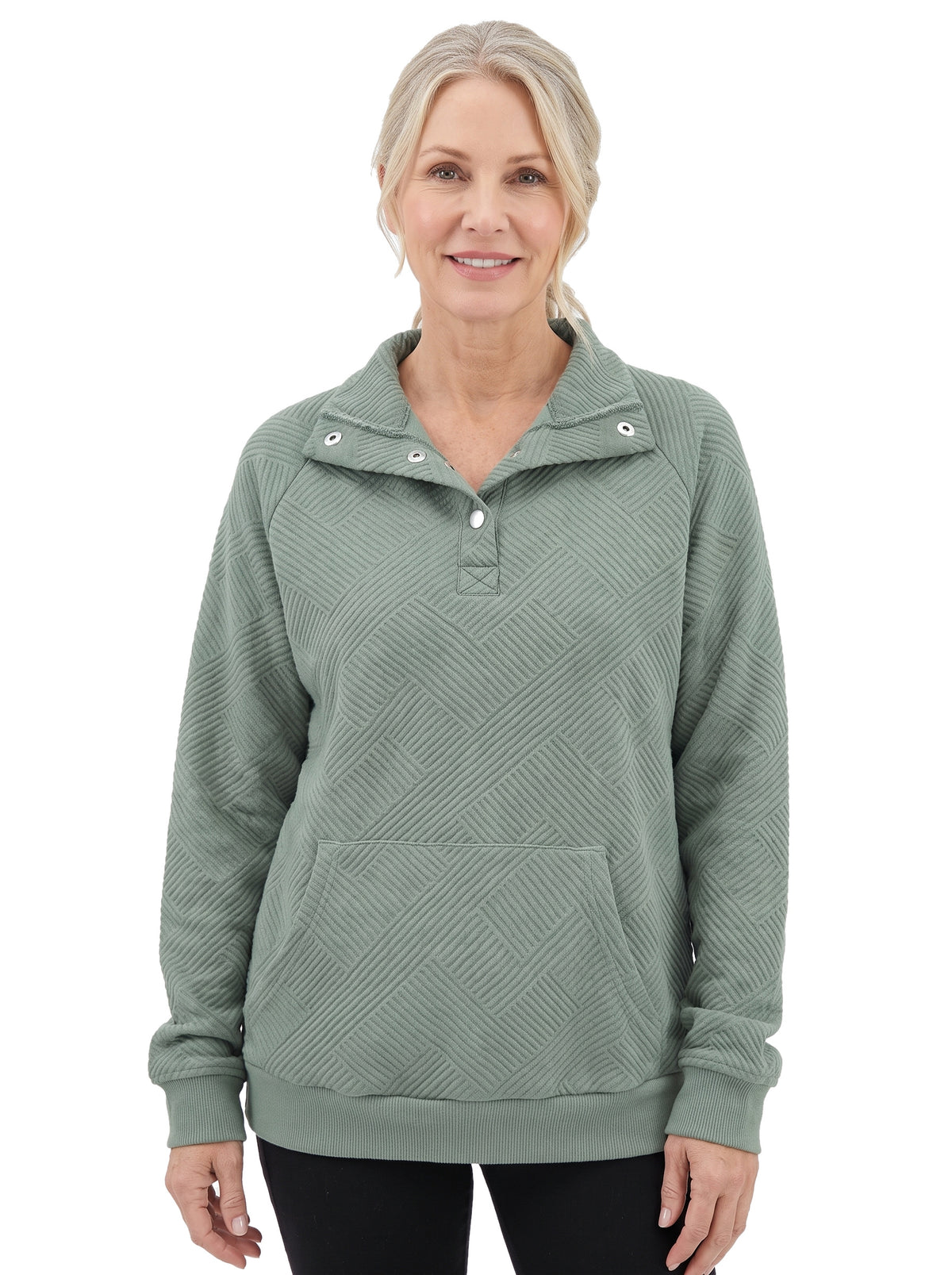 Women's oversized textured sage green sweatshirt with henley snap placket