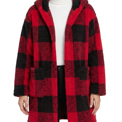 Women's oversized hooded teddy coat in red and black buffalo check