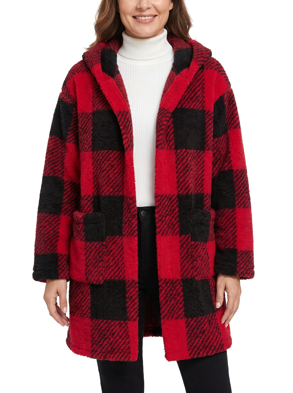 Women's oversized hooded teddy coat in red and black buffalo check