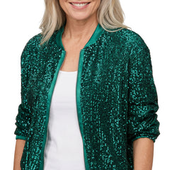 Women's emerald green sequin cropped bomber jacket worn open over a white top