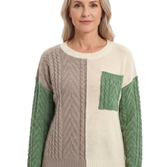 Women's two-tone cable-knit sweater in cream, taupe and green