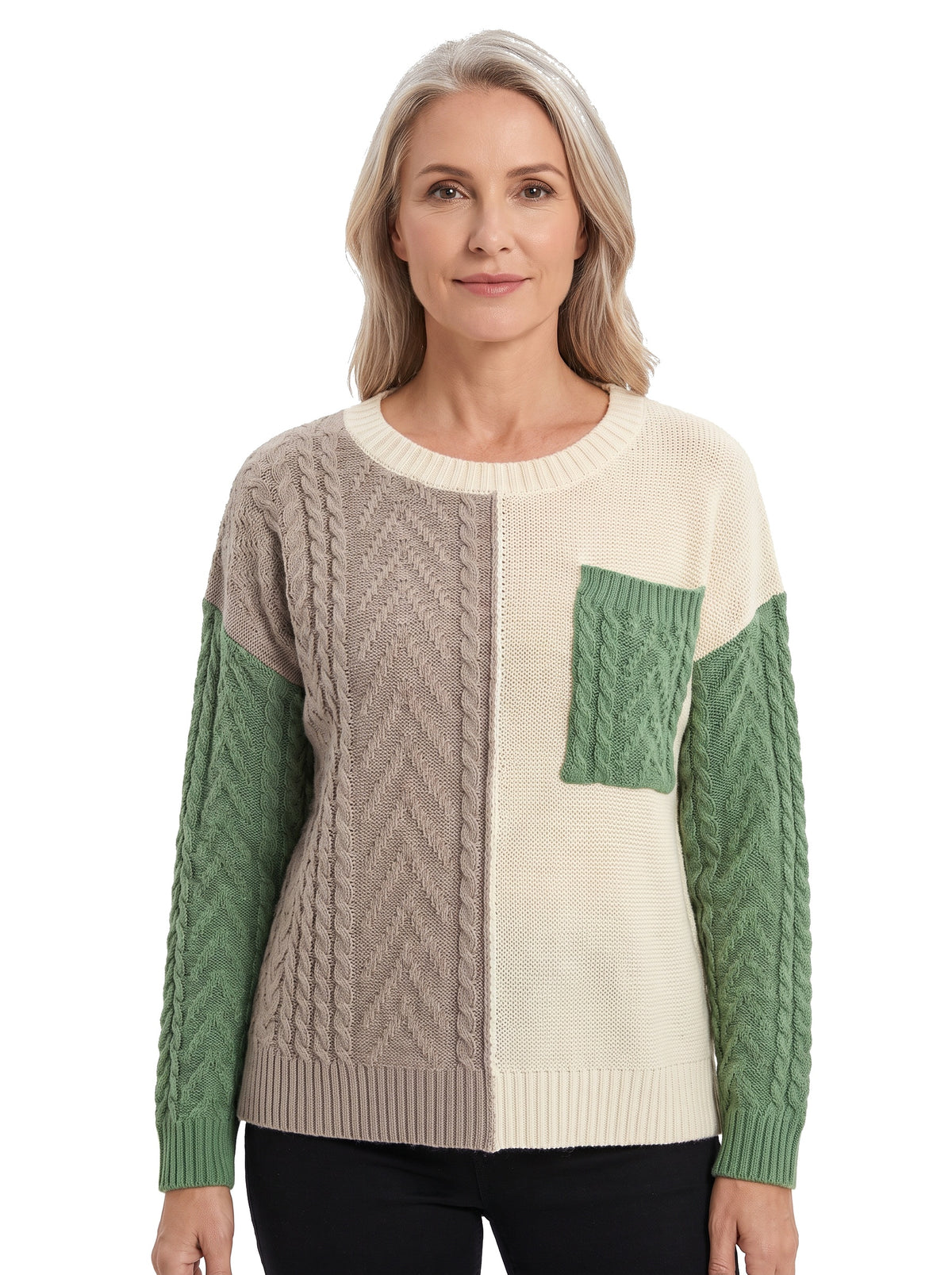 Women's two-tone cable-knit sweater in cream, taupe and green