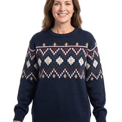 Woman wearing navy patterned Fair Isle knit jumper