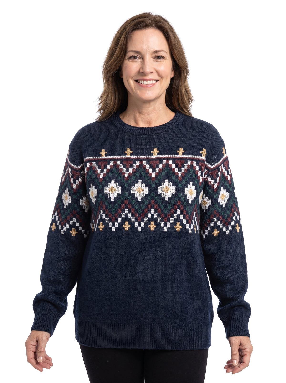Woman wearing navy patterned Fair Isle knit jumper